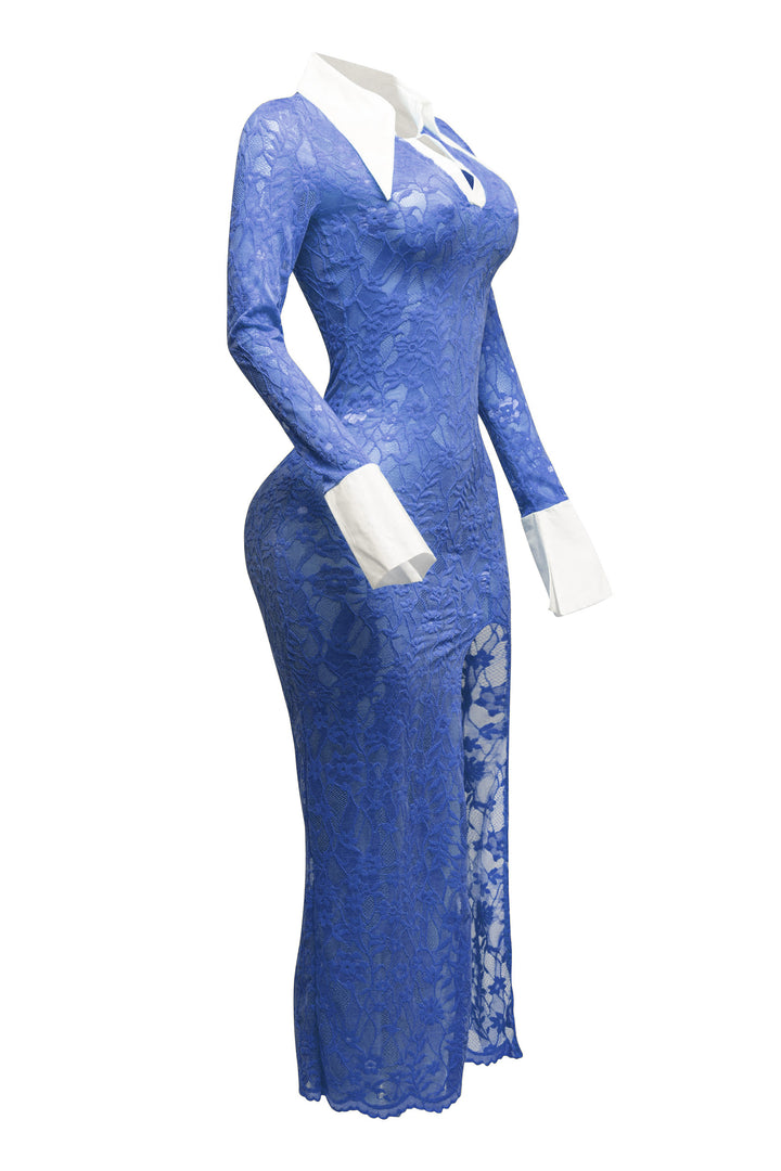 Accent Collared lace maxi dress with slit