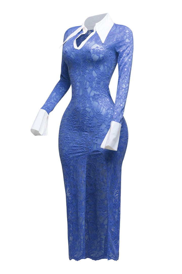 Accent Collared lace maxi dress with slit