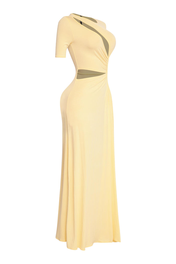 Trendy yellow twist front gown with high slit and body-enhancing cutouts

