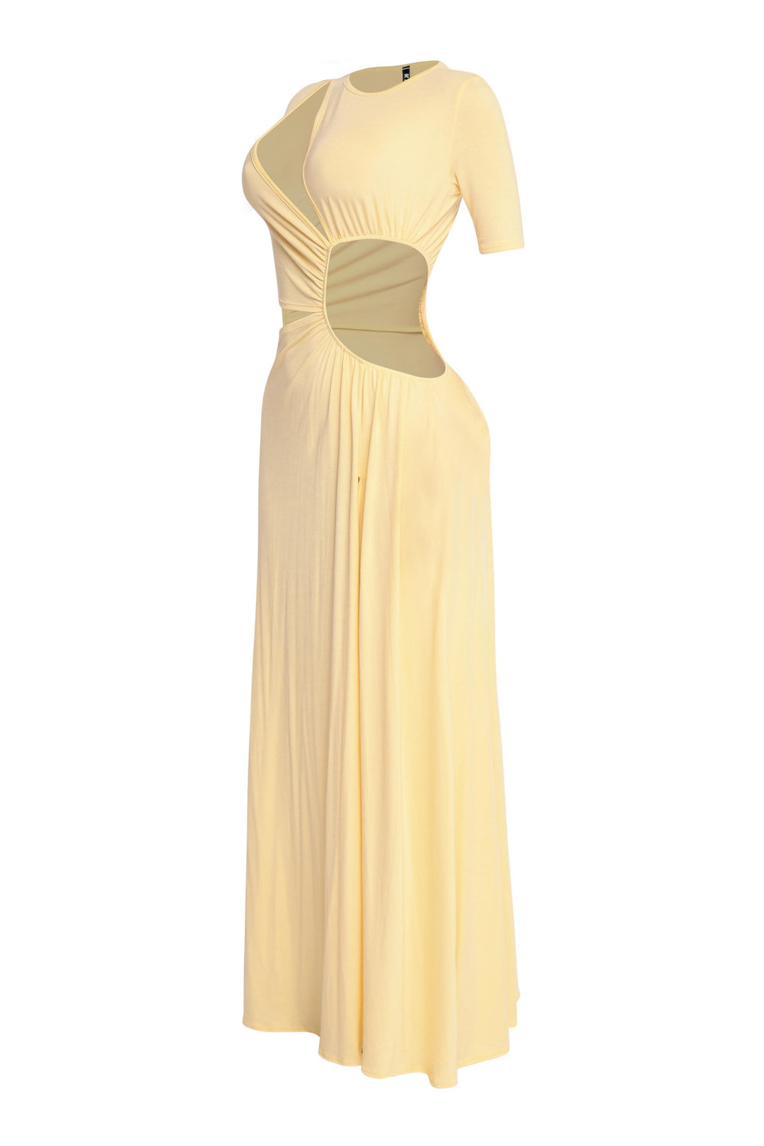Bold yellow cutout maxi dress with sexy leg reveal and figure-loving stretch

