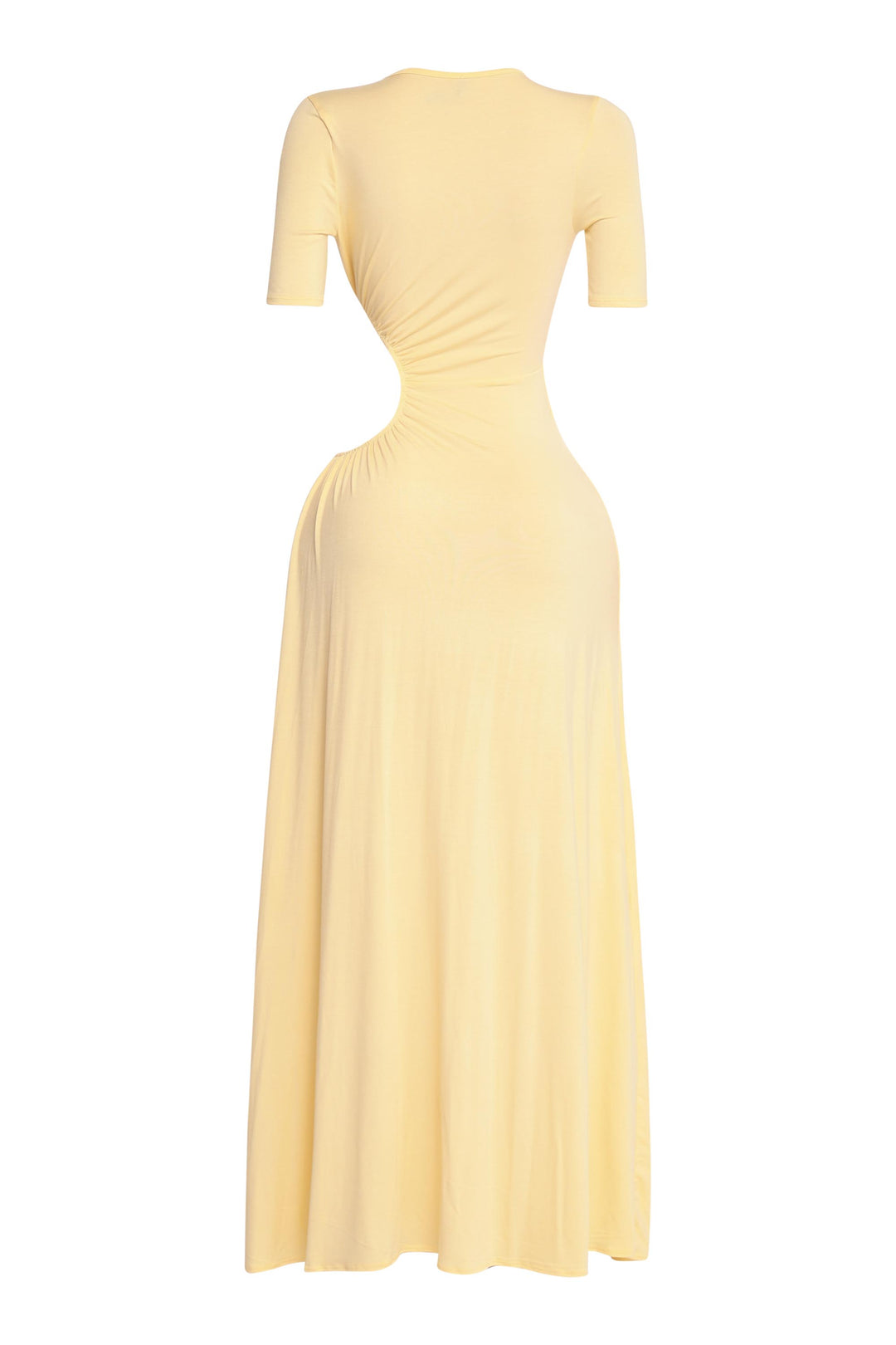 Summer-ready yellow slit dress with sculpted bust and ruched midsection

