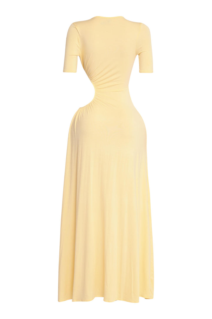 Summer-ready yellow slit dress with sculpted bust and ruched midsection

