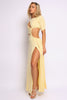 Playful yellow maxi with front slit and side waist cutouts in soft jersey knit

