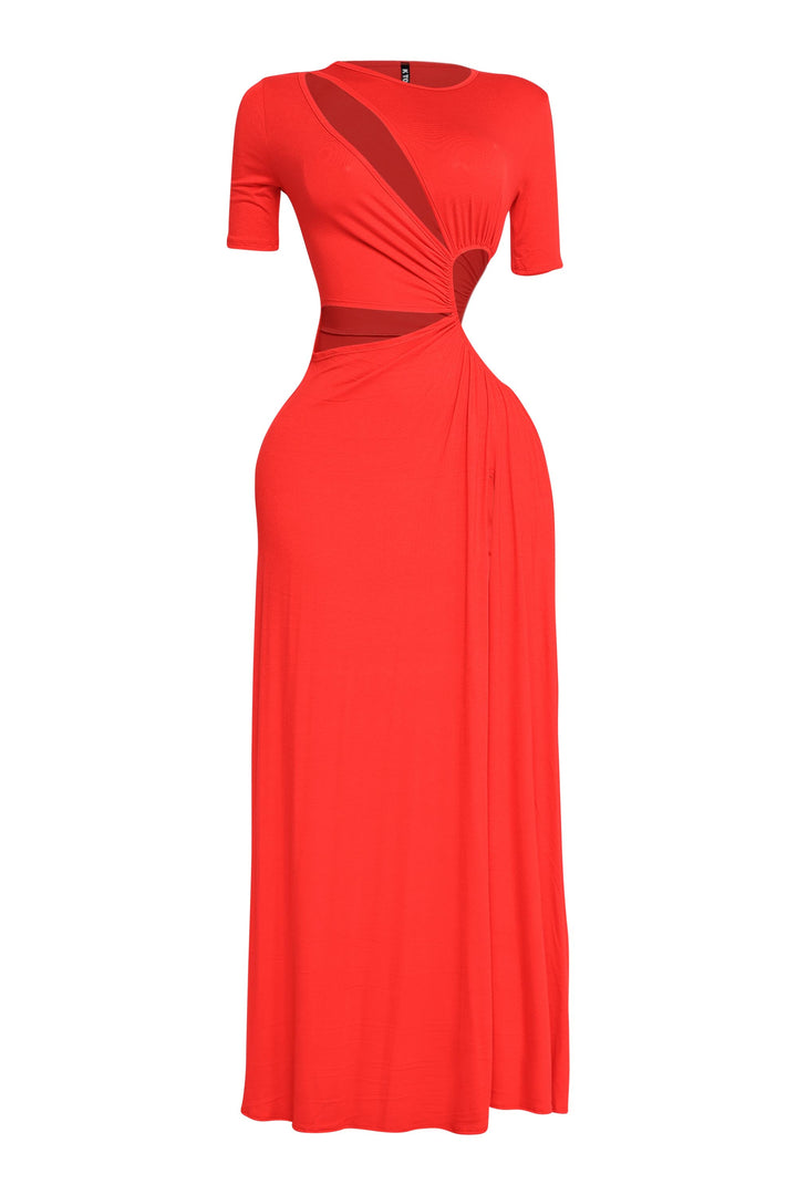 Red short sleeve cutout gown with statement twist design and vacation-ready flow

