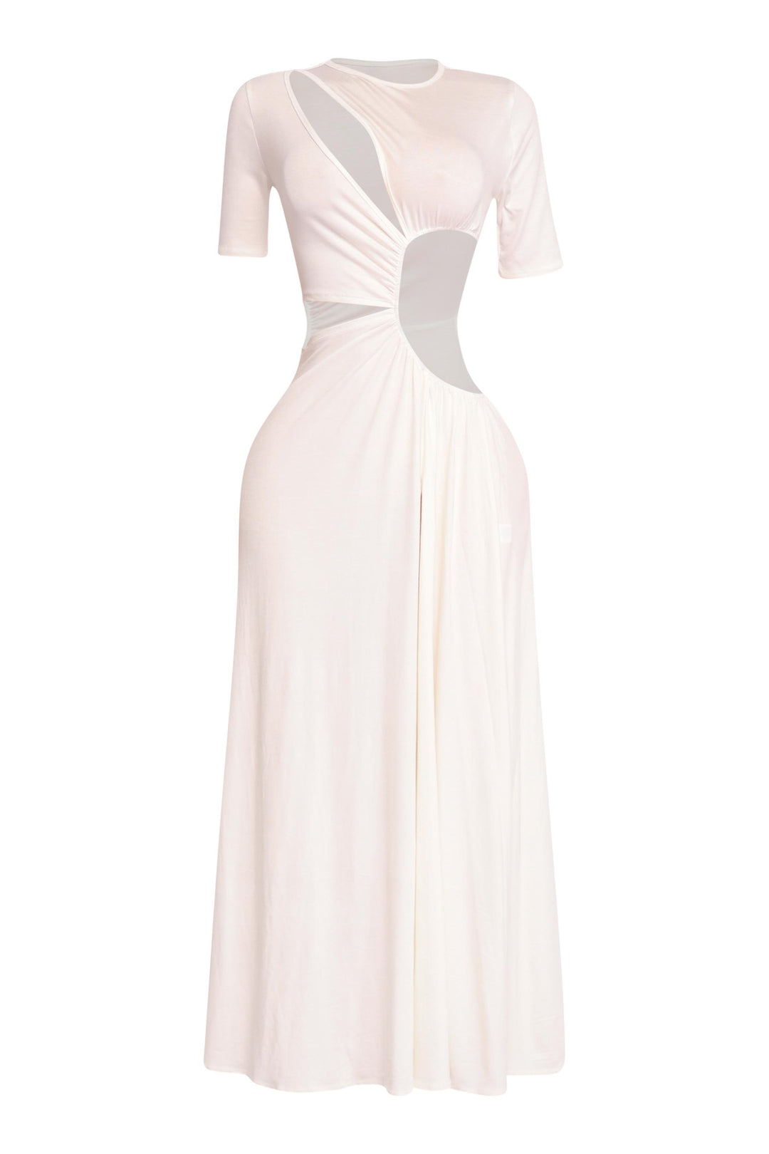 Flattering white maxi with sculptural front cutouts and curve-hugging drape

