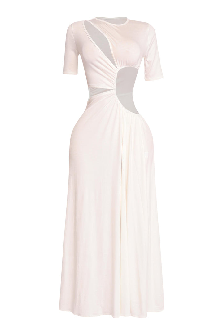 Flattering white maxi with sculptural front cutouts and curve-hugging drape

