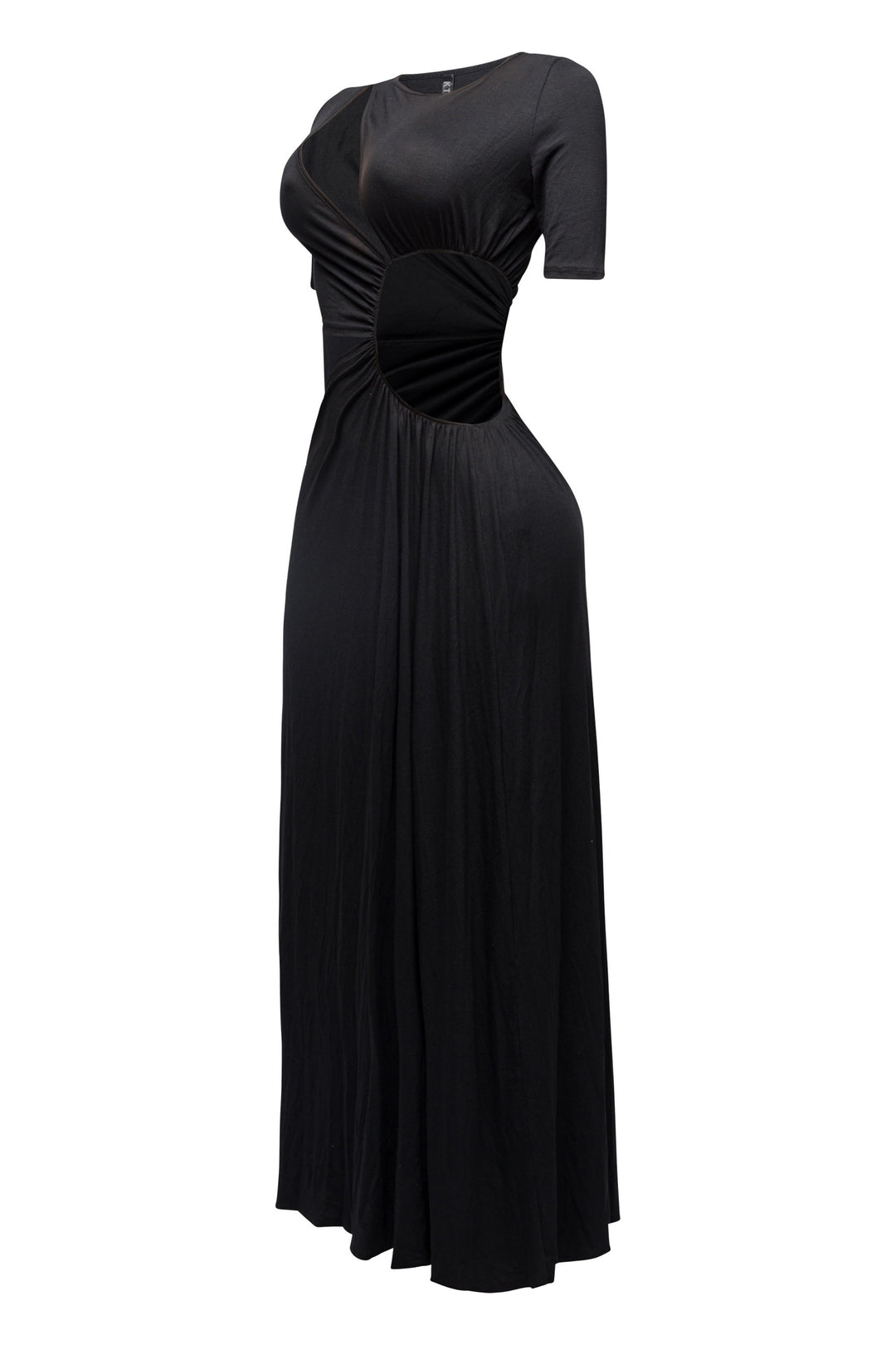 Minimalist black maxi with twist detailing, soft drape, and elevated night-out styling

