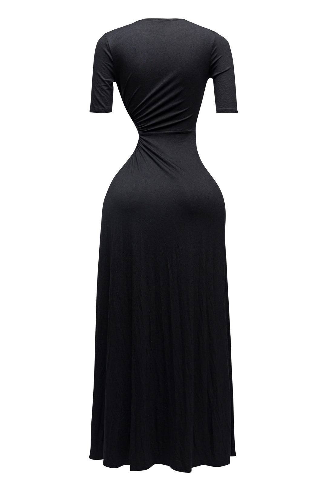 Sultry black cutout dress with curve-hugging fit and thigh-high leg slit

