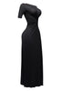 Edgy black maxi dress with short sleeves, waist cutout, and sleek body contouring

