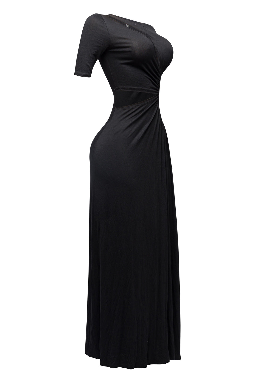 Edgy black maxi dress with short sleeves, waist cutout, and sleek body contouring

