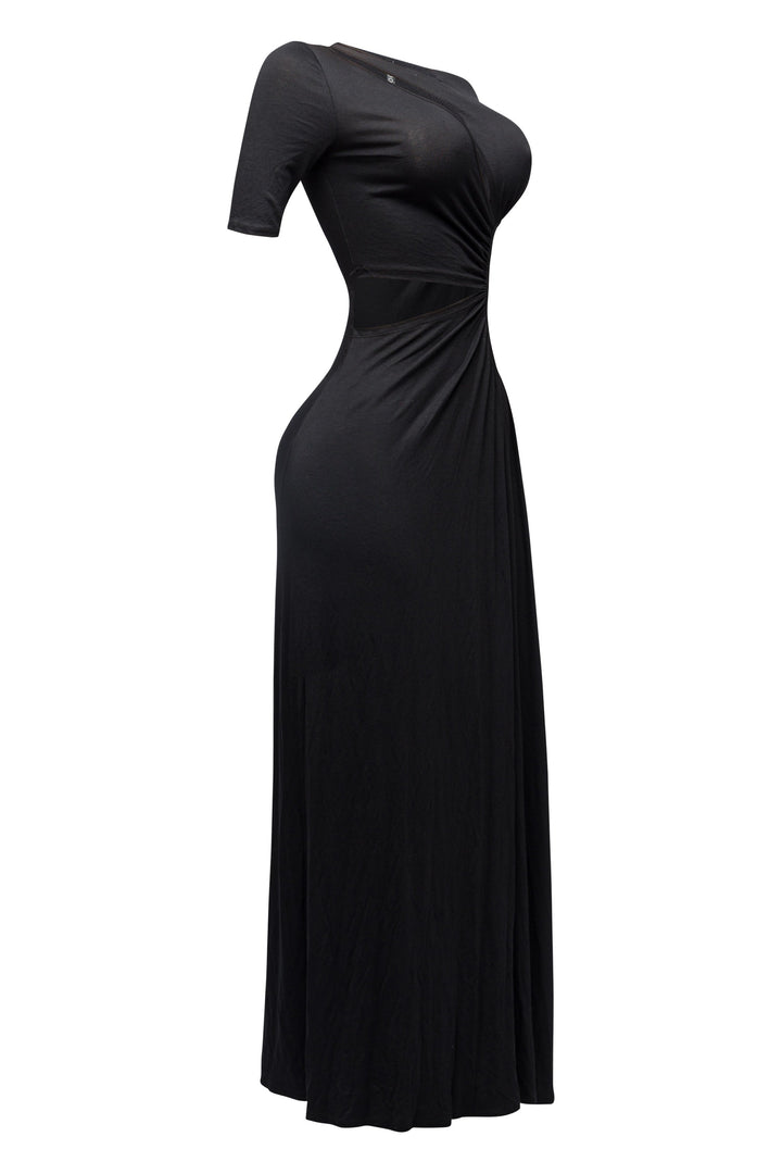 Edgy black maxi dress with short sleeves, waist cutout, and sleek body contouring

