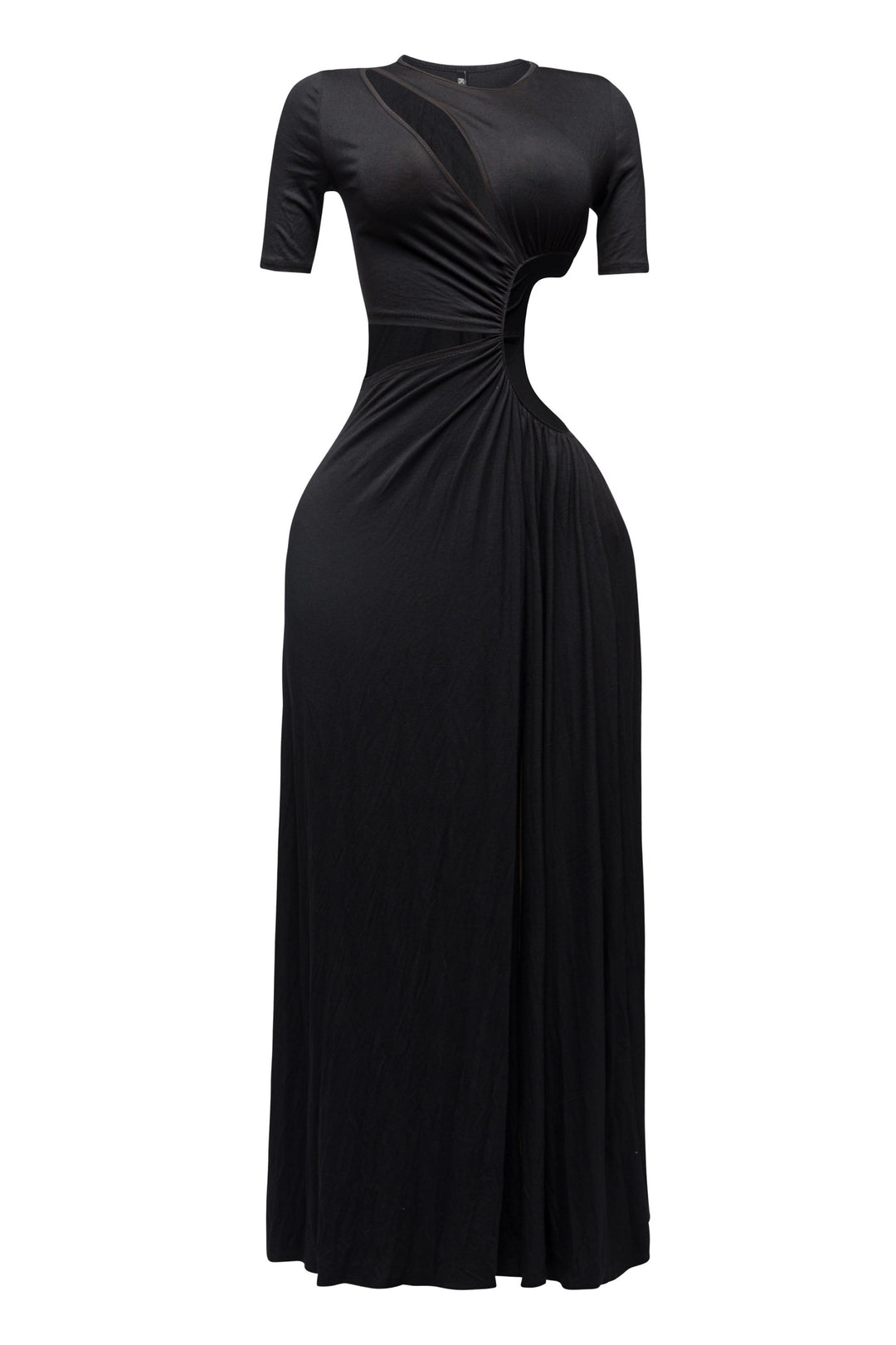 Sexy black slit maxi dress with bold cutout design and fitted silhouette

