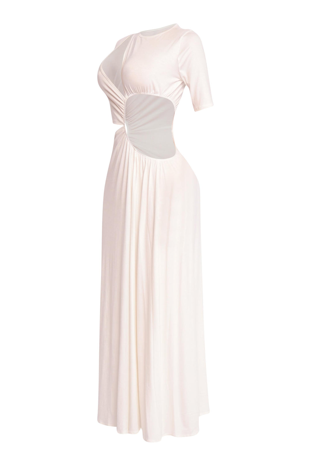 Modern white bodycon maxi dress with daring side slit and clean finish

