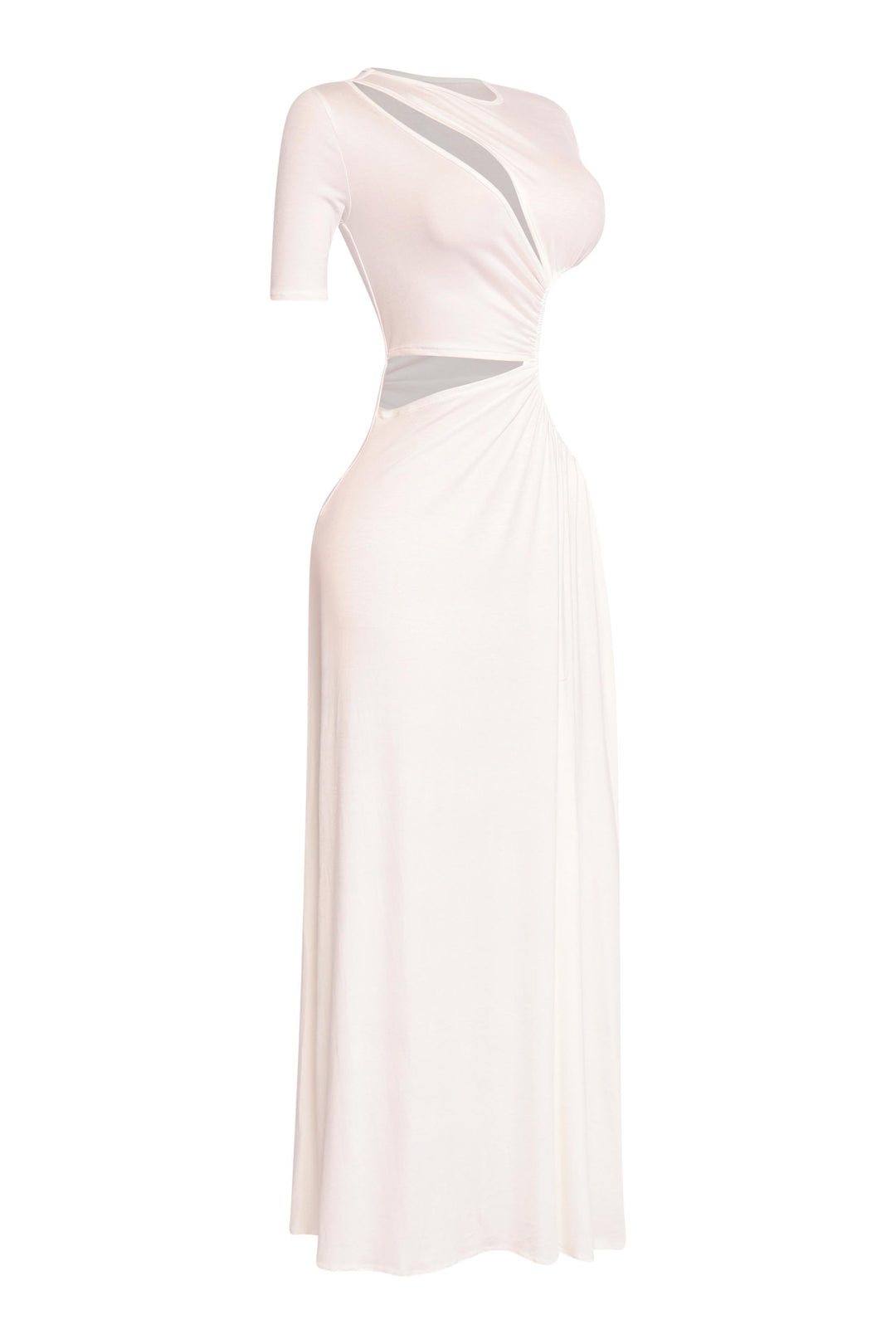 Soft stretch white gown with cutout waist and effortless summer glam vibe

