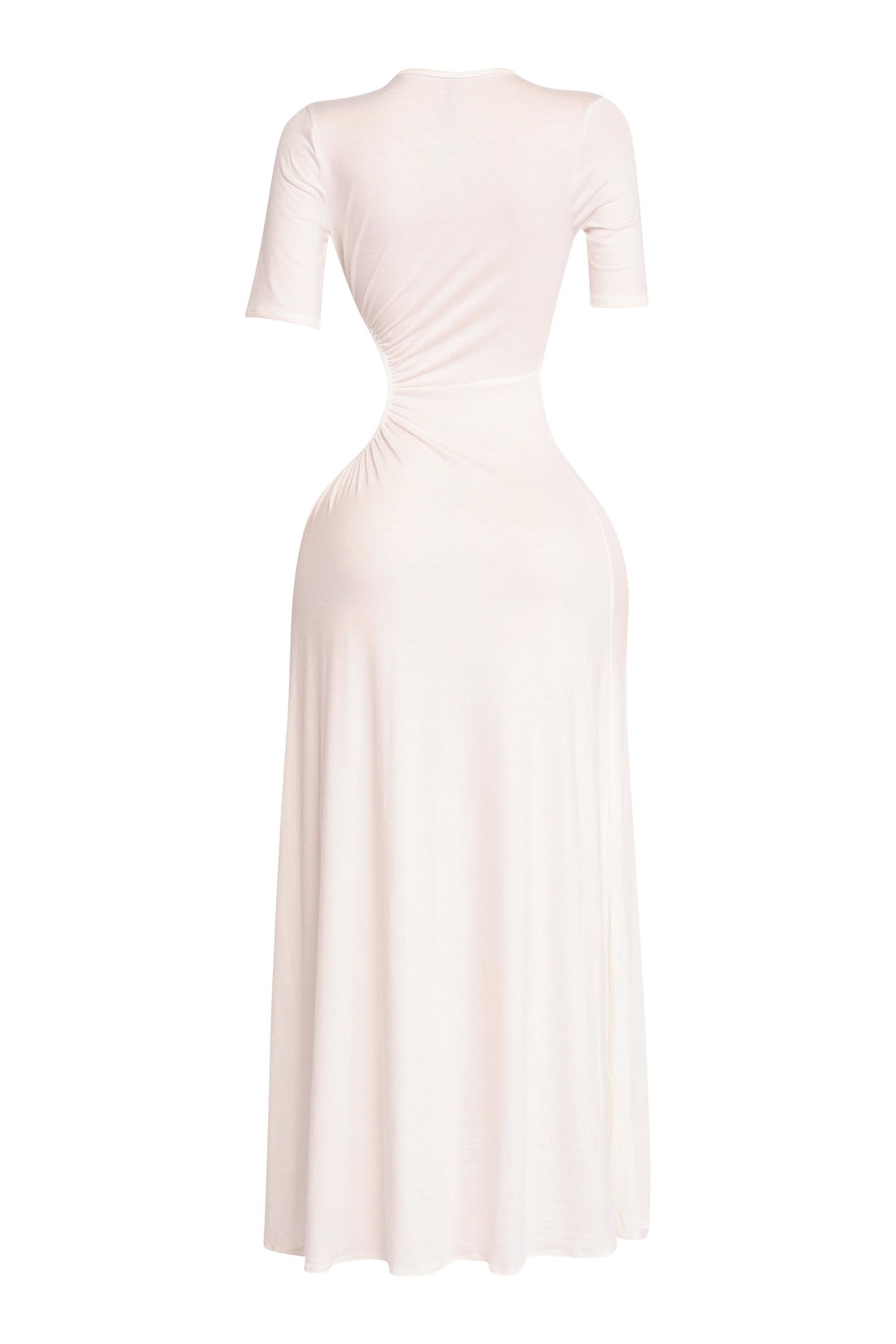 Clean white short sleeve dress with asymmetrical cutouts and fluid hemline

