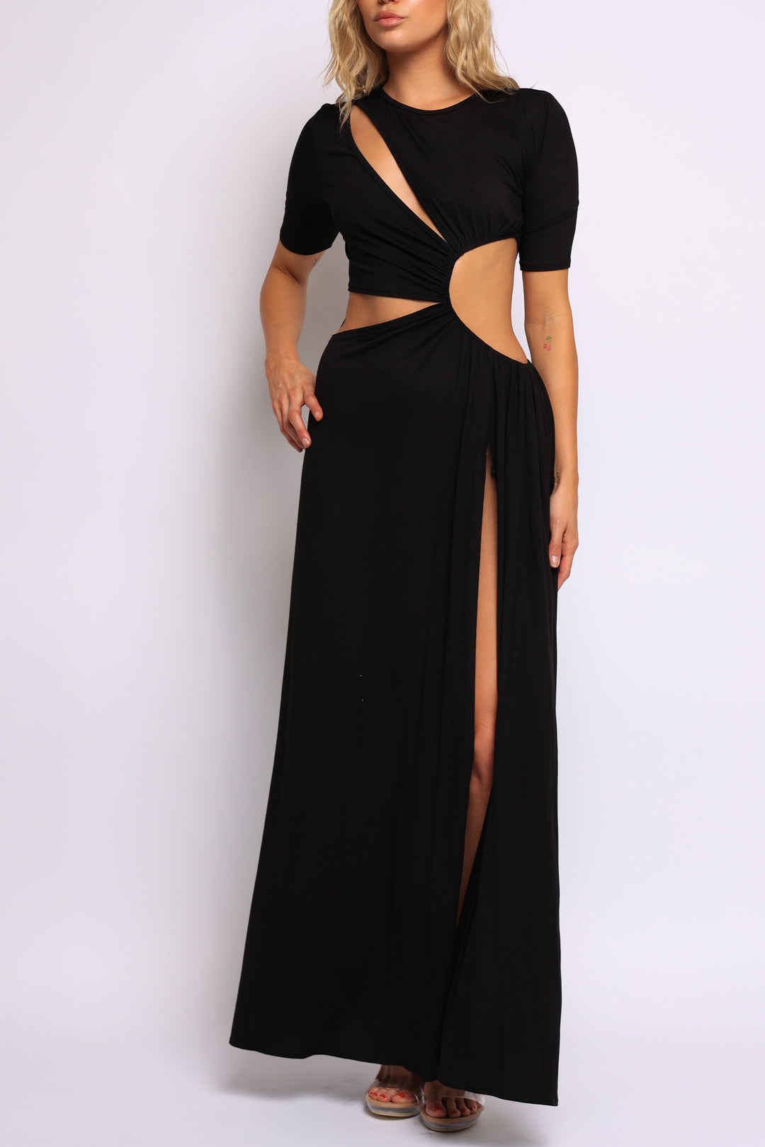 Black twist front cutout maxi dress with side slit and sculpted bodycon fit

