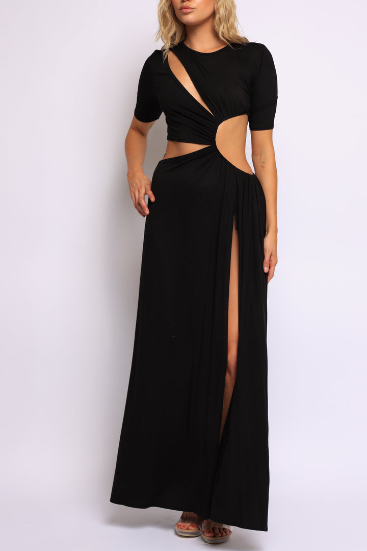 Black twist front cutout maxi dress with side slit and sculpted bodycon fit

