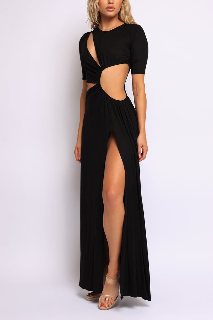 Stretch jersey black cutout dress with high slit and modern asymmetrical design

