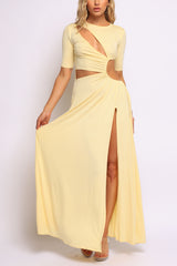 Lemon yellow cutout maxi dress with twist detailing and smooth stretch finish

