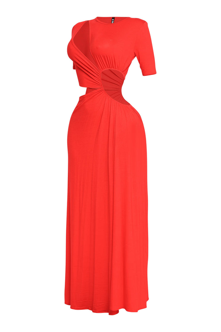 Date night red maxi dress with peekaboo cutout, soft stretch fabric, and drama

