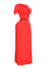 Ultra-flattering red dress with sexy slit, body-skimming fit, and sultry neckline

