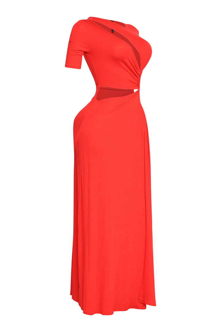 Ultra-flattering red dress with sexy slit, body-skimming fit, and sultry neckline

