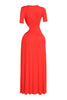 Chic red dress with cutout waist, gathered center detail, and elongated hem

