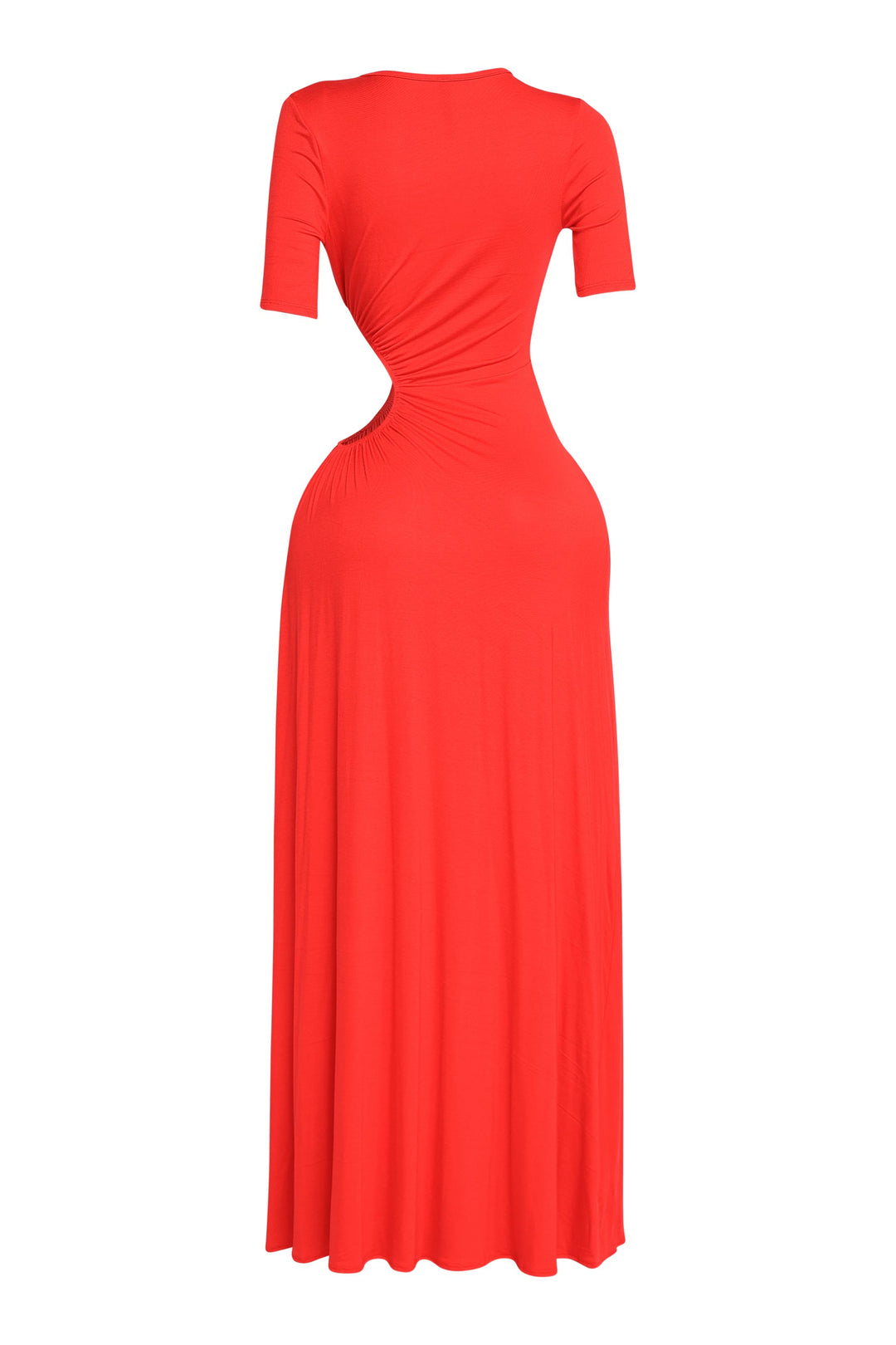 Chic red dress with cutout waist, gathered center detail, and elongated hem

