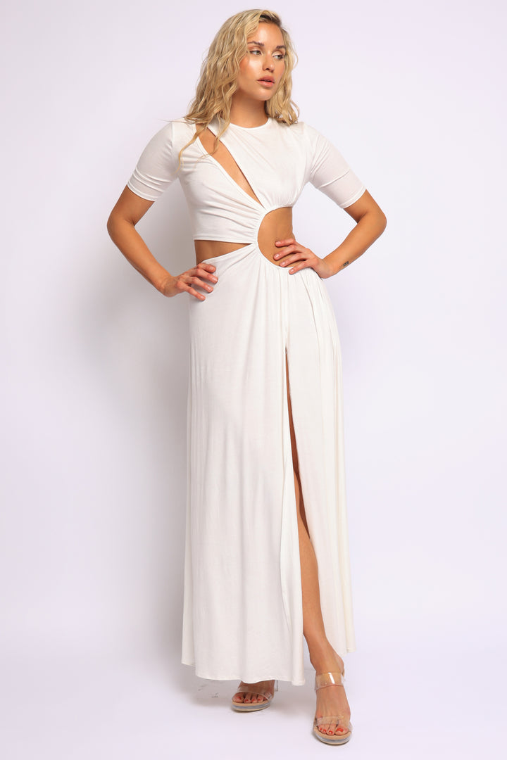 White cutout maxi dress in soft rayon blend with sleek modern silhouette

