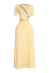 Sunny yellow body-skimming dress with bold front twist and flirty silhouette

