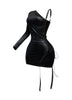 Sleek black stretch mini dress with eyelet lace trim, single sleeve design, and sculpted silhouette for nightlife styling