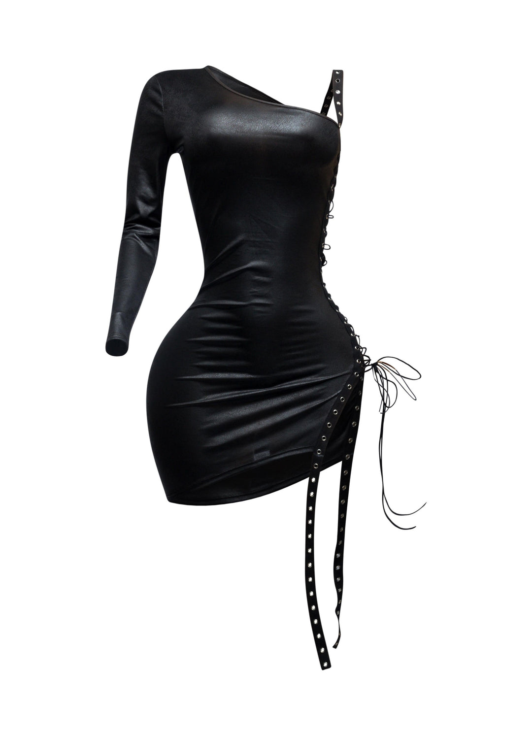 Black asymmetrical mini dress with one sleeve and full lace-up side detail in stretch fabric for edgy going-out looks