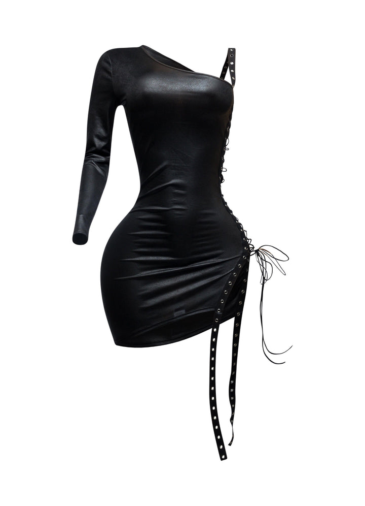 Black asymmetrical mini dress with one sleeve and full lace-up side detail in stretch fabric for edgy going-out looks