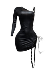 Black asymmetrical mini dress with one sleeve and full lace-up side detail in stretch fabric for edgy going-out looks