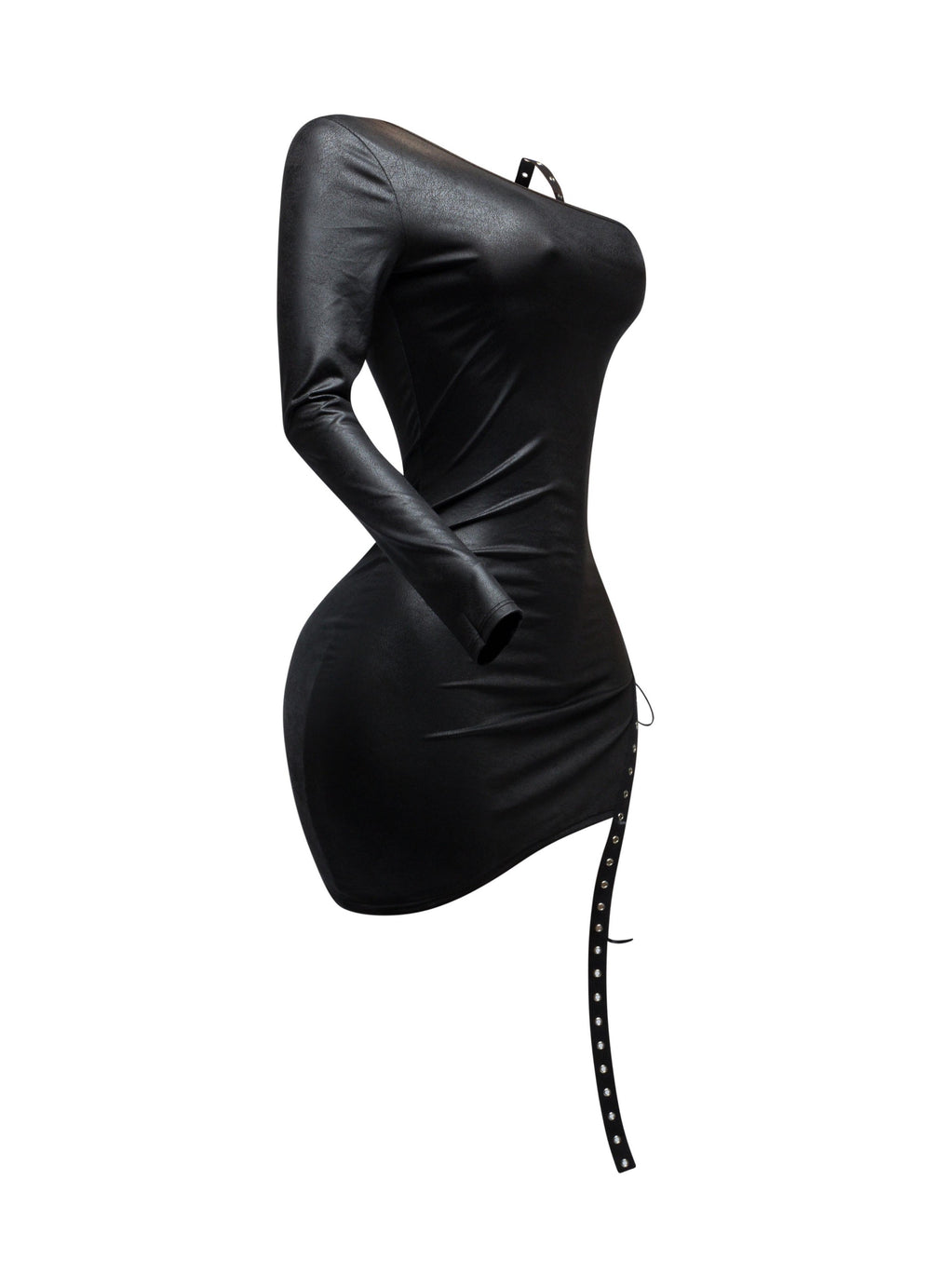 One shoulder black bodycon mini with bold grommet lacing along side seam and sleek curve-hugging fit