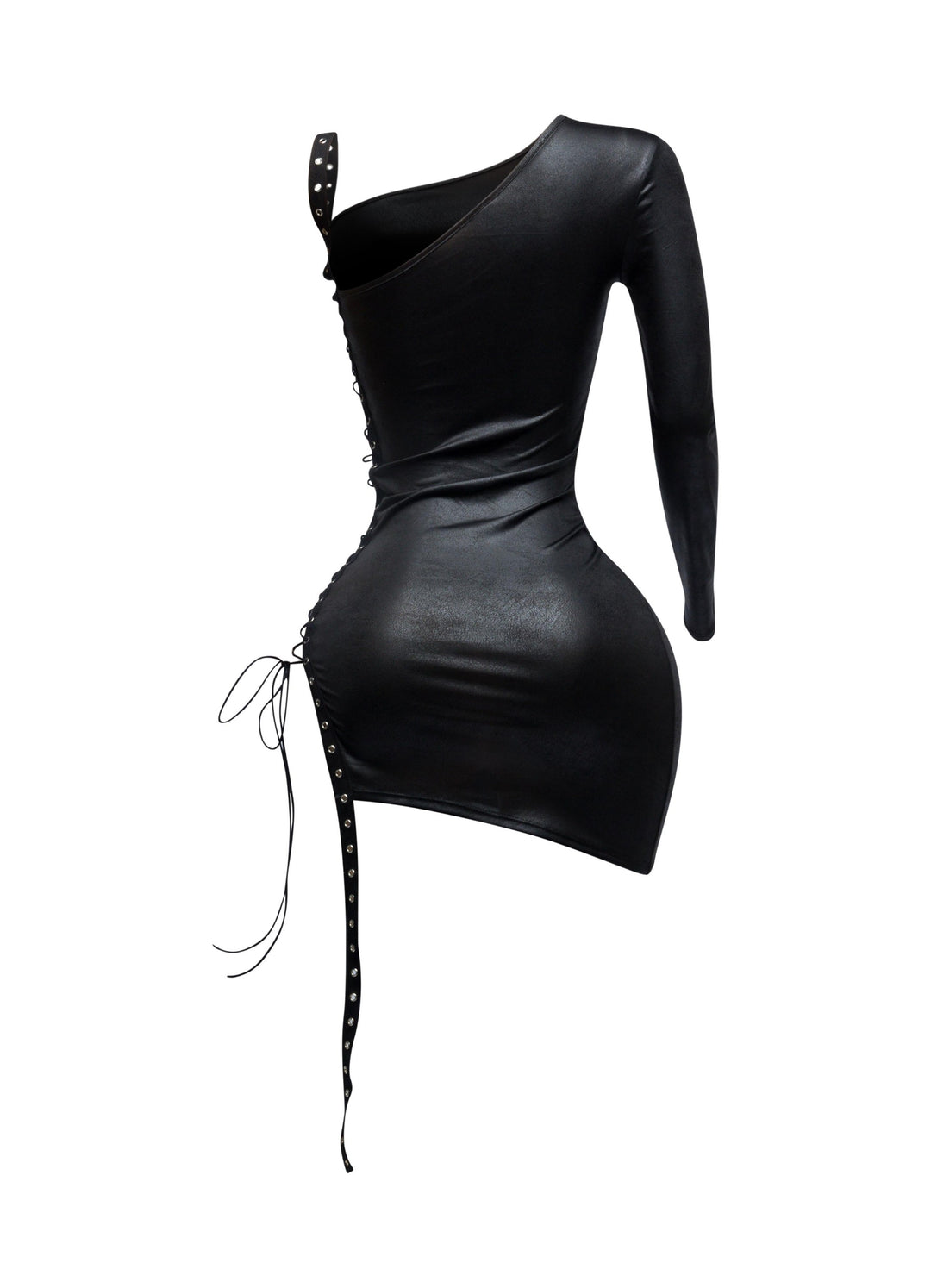 Statement night-out mini dress with asymmetrical neckline and lace-up detailing from underarm to hem