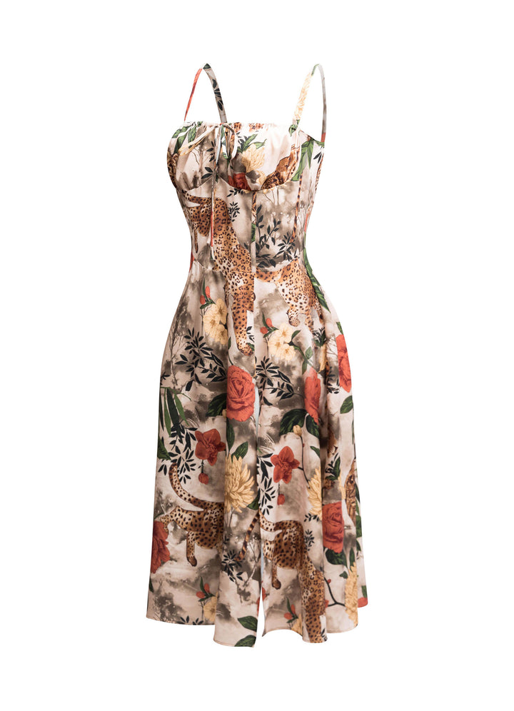 Cheeta printed side slit open flare midi dress