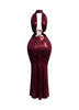 Back view of burgundy backless halter maxi dress with snake-trim detailing and tie closure.
