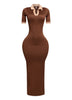 Brown and nude contrast collared bodycon dress with maxi length and short sleeves, front-facing

