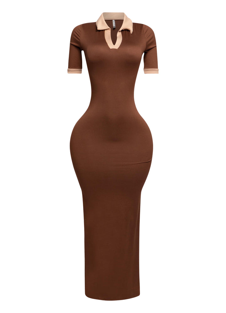 Brown and nude contrast collared bodycon dress with maxi length and short sleeves, front-facing


