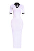 Sporty white and black contrast dress with tight stretch fabric, shown from the left side

