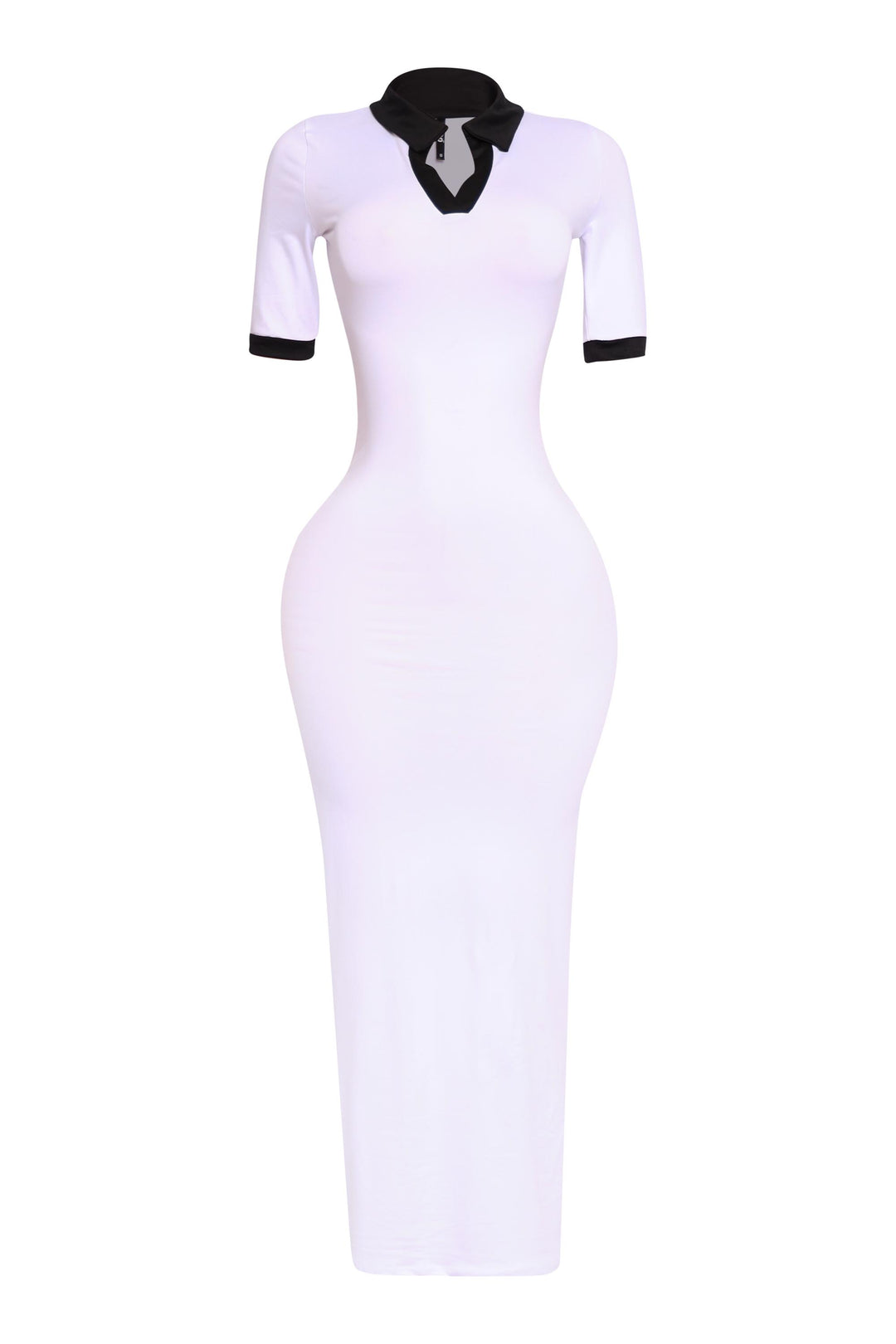 Sporty white and black contrast dress with tight stretch fabric, shown from the left side

