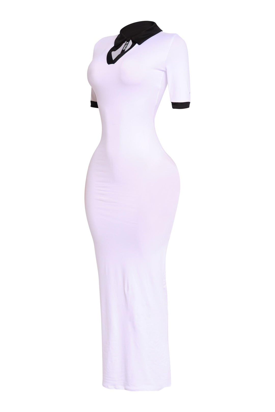 White stretch maxi dress with bold black contrast detail, flattering on the waist and hips

