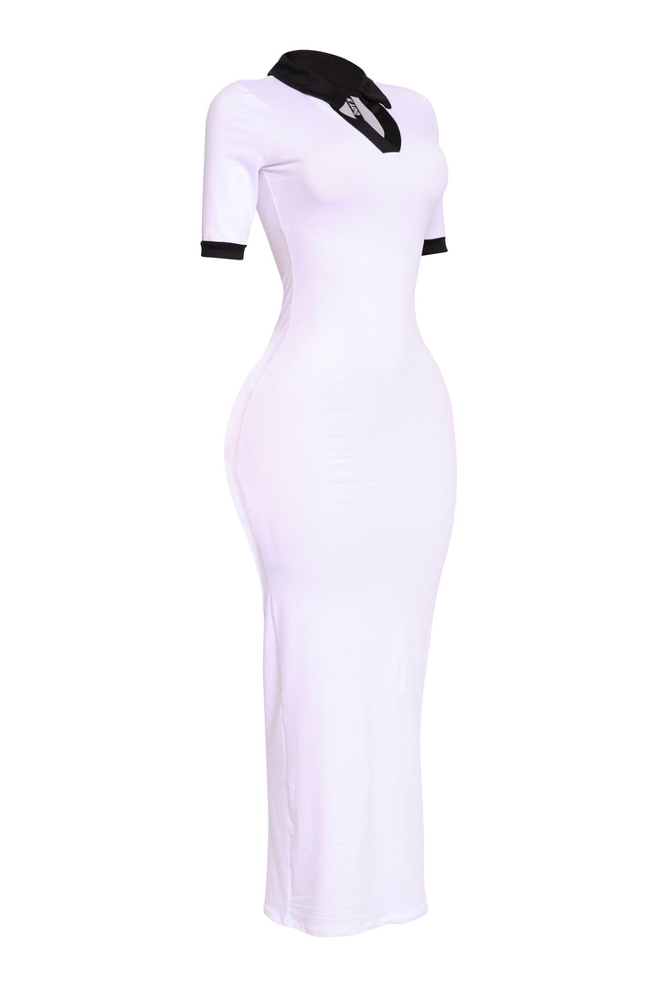 White fitted short sleeve maxi with black colorblock accents, clean and elevated silhouette

