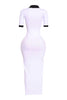 Back angle of white polo-inspired maxi with black collar and cuffs, minimalist athletic vibe

