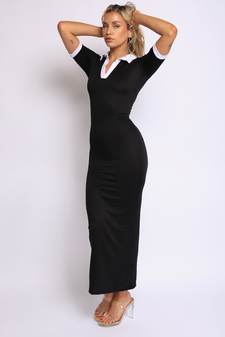 Black bodycon collared dress with white accents, 1/4 left angle for contoured shape display

