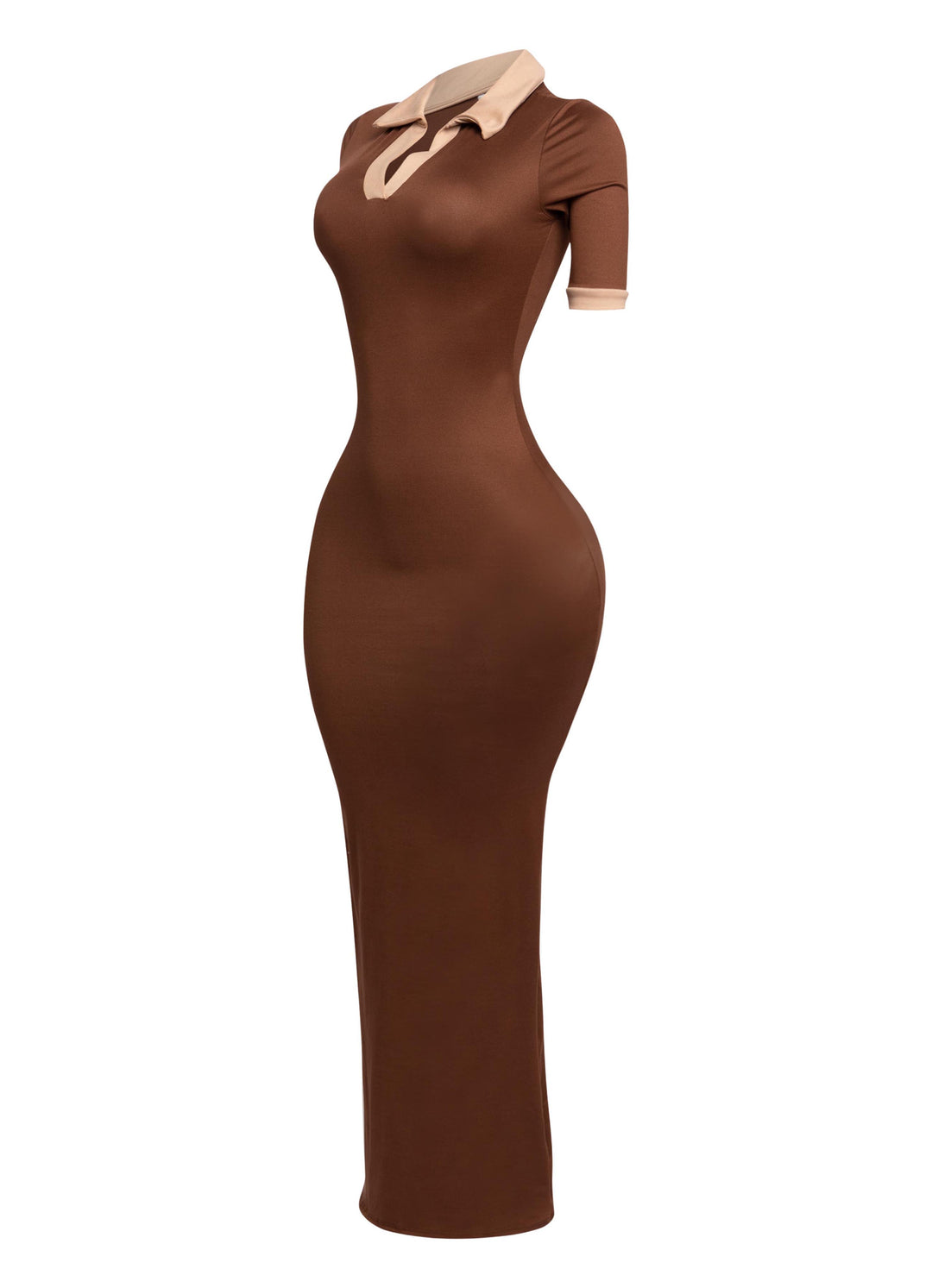 Back view of brown and nude colorblock dress with form-fitting maxi cut and subtle shine

