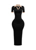 Black stretch collared maxi dress with nude contrast collar and cuffs, body-hugging fit front view

