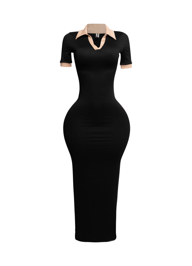 Black stretch collared maxi dress with nude contrast collar and cuffs, body-hugging fit front view

