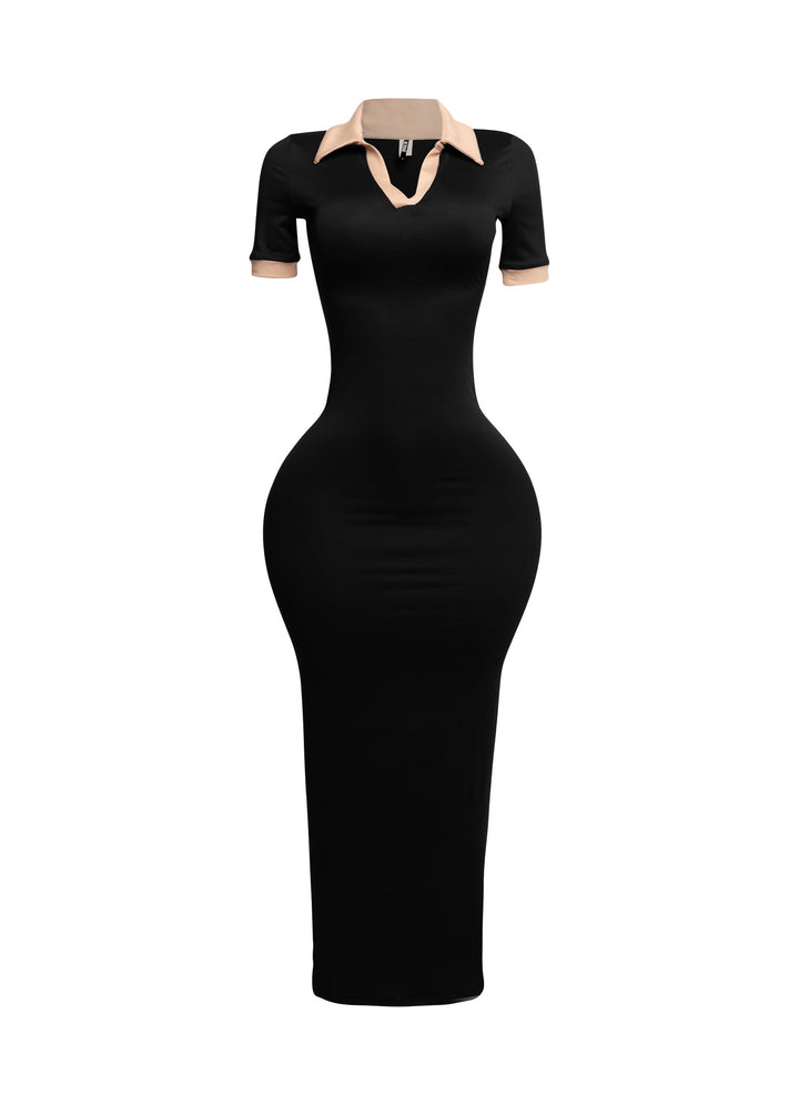 Black stretch collared maxi dress with nude contrast collar and cuffs, body-hugging fit front view

